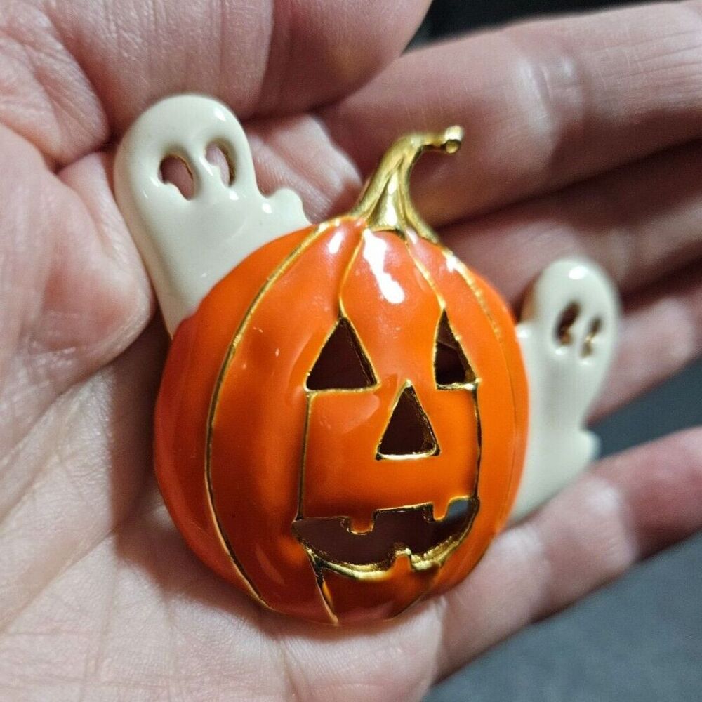 Gold tone pumpkin and ghost brooch - Picture 3 of 9
